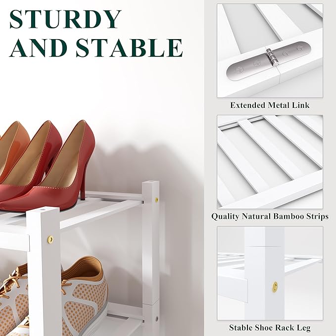 Smiry Shoe Rack, 2 Tier Long Bamboo Shoe Organizer, Stackable Free Standing Wooden Shoe Storage Shelf for Closet, Entryway, Front Door Entrance, White
