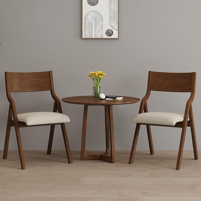 Folding Dining Chairs Set of 2, Upholstered Kitchen Chair with Padded Seat & Wood Backrest, Modern Side-Chair with Wood Legs for Home Office Living Room,No Assembly Needed,Walnut