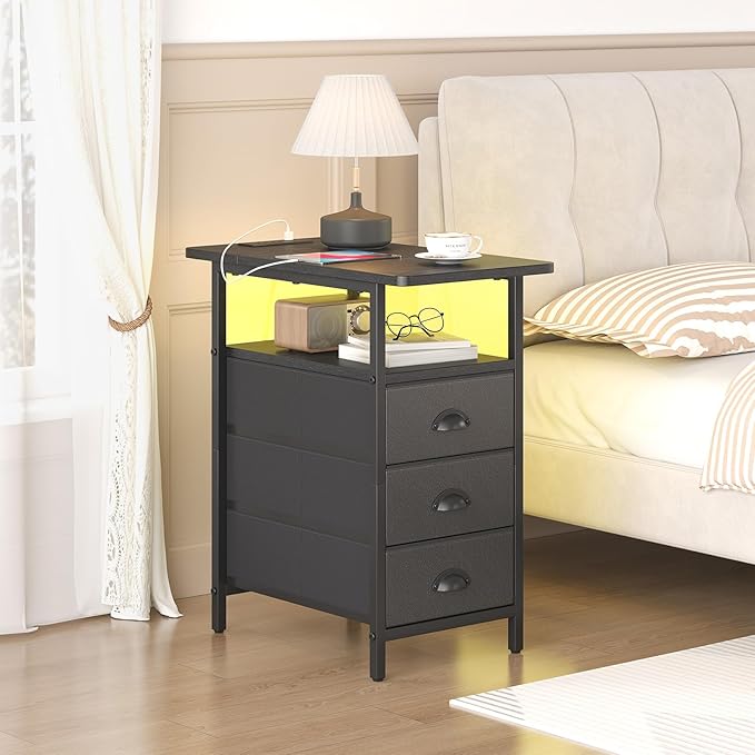 End Table with Charging Station,LED Side Tables with USB Ports and Outlets,Narrow Nightstands Bedside Tables with 3 Drawers PU Finish for Small Space,Slim Sofa Table for Livingroom,Black