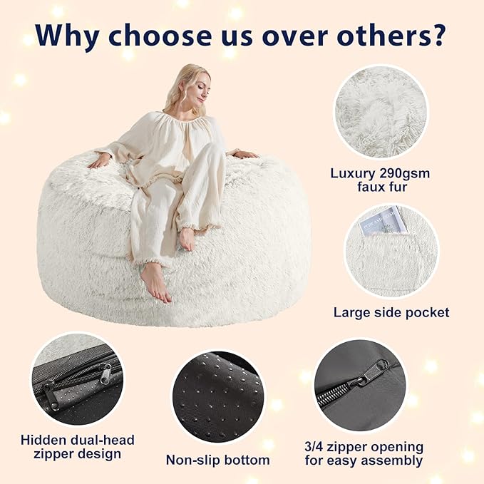 7FT Oversized Bean Bag Covers Only, Fluffy Stuffed Beanbag Chair Covers No Filler, Washable Bean Bags Cover for Adults, Stuffed Animal Bean Bag Anti-Slip, White
