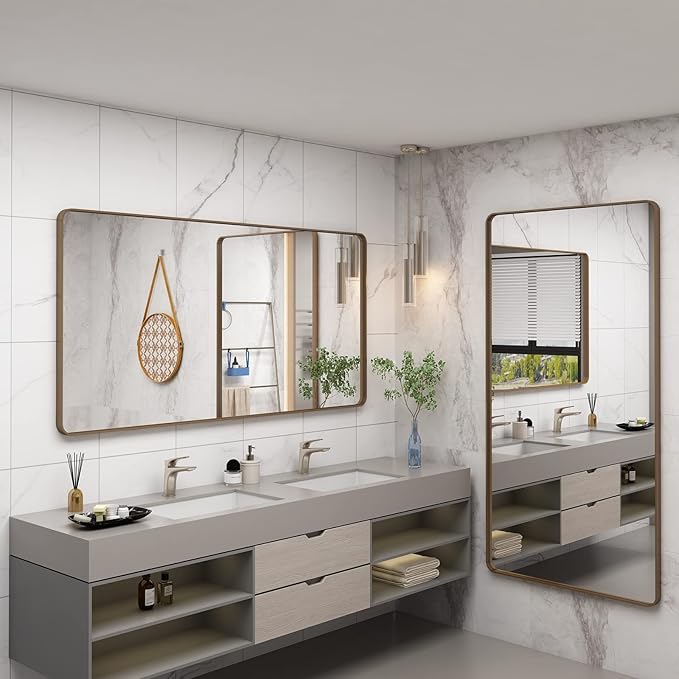 55x30 Gold Bathroom Mirror, Brushed Metal Frame Gold Vanity Mirror, Large Rectangle Mirror for Wall, Rounded Corner, Shatterproof, Anti-Rust (Horizontal/Vertical)