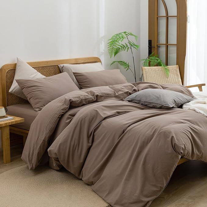 BESTOUCH Duvet Cover Set 100% Washed Cotton Linen Feel Super Soft Comfortable Chic Lightweight 3 PCs Home Bedding Set Solid Pine Bark Brown Queen