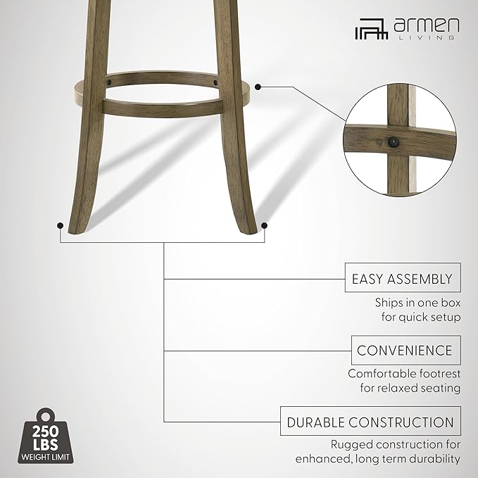 Armen Living Blair 30 in. Putty Brown Bar Height Rubberwood Swivel Barstool with Cream Fabric Seat - Set of 2