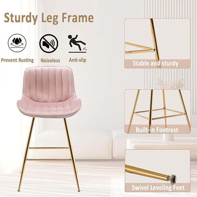 Sidanli Pink Bar Stools Set of 2, Velvet Counter Stools with Footrests, 24” Armless Counter Height Chairs for Bar, Kitchen, Living Room