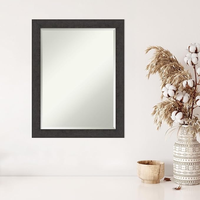 Amanti Art Brown Wall Mirror 28x22 Rustic Plank Espresso Narrow Rectangle Bathroom Mirror for Wall Decor Living Room, Medium Rustic Farmhouse Frame, Hangs Horizonally and Vertically, Bathroom Decor