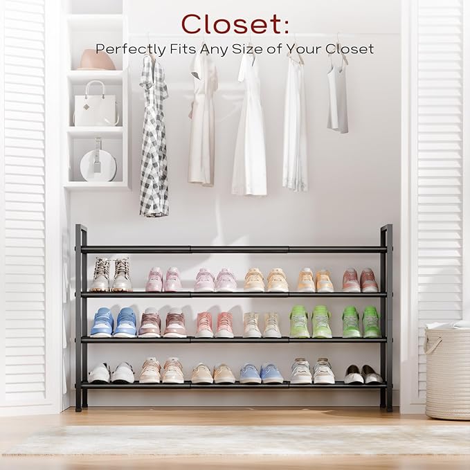 Bumusty 4-Tier Long Expandable Shoe Rack for Closet, 18"-44" Adjustable Shoe Rack for Entryway, 20-24 Pairs Large Shoe Organizer Shelf Storage, Sturdy Metal, Black