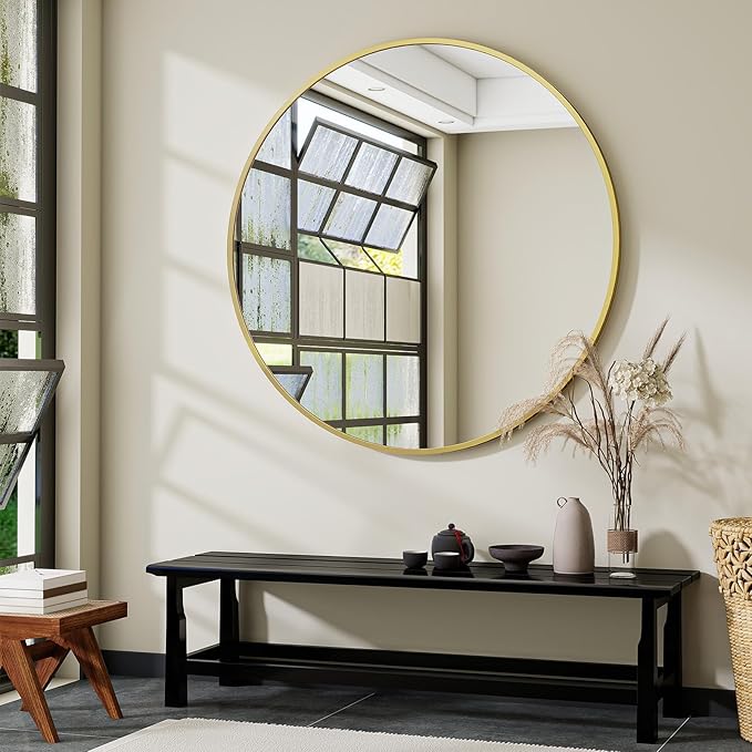 Black Round Bathroom Mirror, 42 inch Large Circle Wall Mounted Hanging Mirror with Simple Modern Circular Metal Frame for Hallway, Entryway, Living Room, Gold Frame