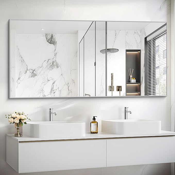 30x55In Silver Bathroom Mirror for Wall, Brushed Nickel Rectangle Mirrors with Metal Frame, Bathroom Rectangular Mirror Modern Wall Mirror for Bedroom Living Room, Hangs Horizontal or Vertical