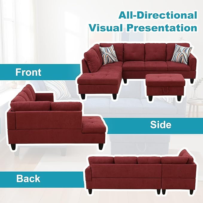 L Shaped Couch Modern Sectional Couch Upholstered Fluffy Fabric 3 Pieces Sofas for Living Room with Chaise, Storage Ottoman for Office and Small Apartment, Red