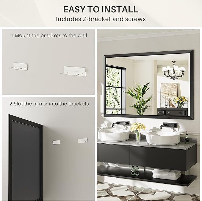 55x32 Inch Black Bathroom Mirror for Wall, Thick Metal Framed Rectangle Mirrors for Over Sink, Bedroom, Living Room, Entryway, Anti-Rust, HD Tempered Glass
