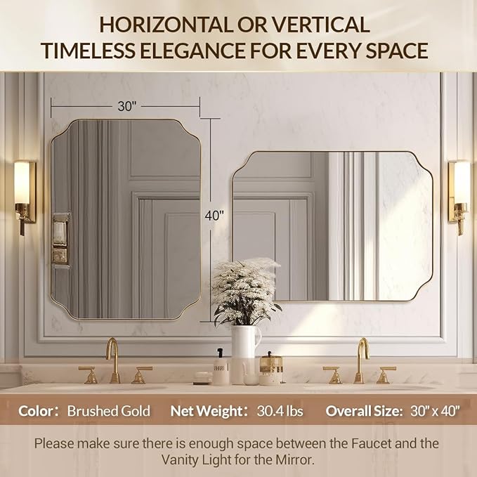 30"x40" Gold Scalloped Mirror, Large Gold Irregular Bathroom Vanity Mirror, Anti-Rust Asymmetrical Mirrors for Wall, Wall Mounted Vertical or Horizontal, Weigh 30.5Lb