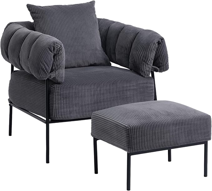 HollyHOME Modern Velvet Accent Chair with Ottoman, Upholstered Comfy Reading Chair and Footstool,Large Lazy Armchair with Stool, Lounge Sofa for Living Room, Bedroom, Dark Grey