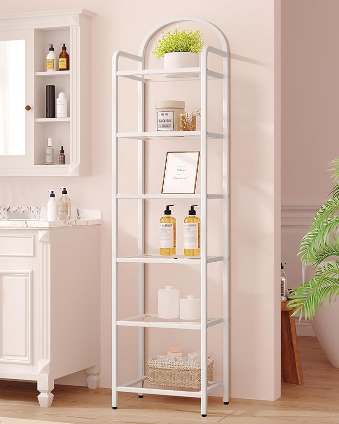 Bookcase Bookshelf, Tempered Glass Bookshelves, Slim Shelving Unit for Bedroom, Bathroom, Home Office, Steel Frame, 6 Tier White BC10699W