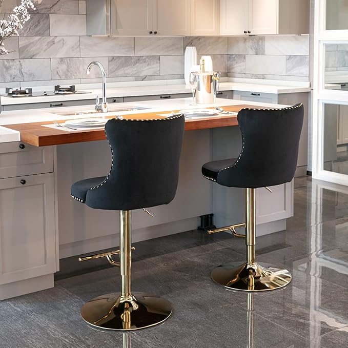 PacknWood Acosure Golden Swivel Velvet Barstools Adjusatble Seat Height from 25-33" with Comfortable Tufted,Modern Upholstered Chrome Base Bar Chairs,for Home Pub Kitchen,Black,Set of 2