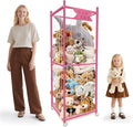 Stuffed Animal Storage Zoo with Wheels, Wooden Large Stuff Animals Plushies Holder Toy Organizer Kids Plush Storage Cage with Elastic Band and Net for Nursery Playroom Corner for Toddler (Hot Pink)