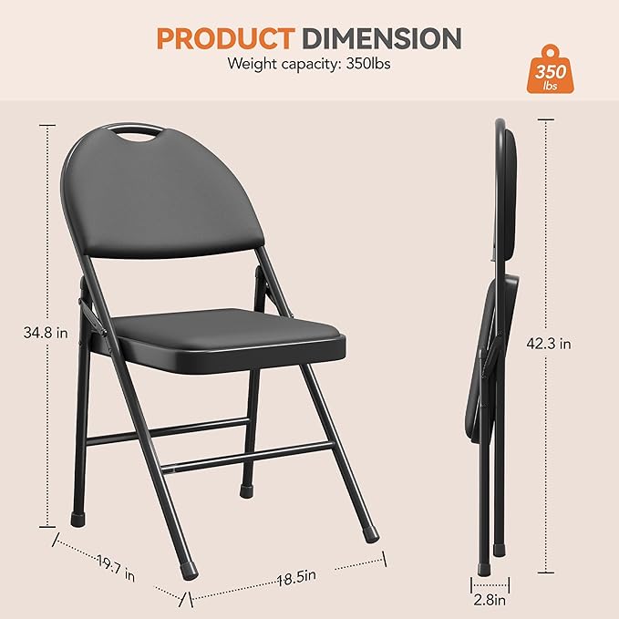 GarveeHome 4 Pack Folding Chairs with PU Leather Padded Cushion and Back, Metal Foldable Chair for Indoor Outdoor, Commercial Stackable Guest Chairs for Camping, Dining Room, Office, Party, Black