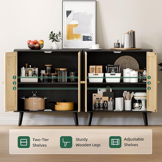 Set of 2 Rattan Sideboard Buffet Cabinets, Accent Cabinets with Adjustable Shelves & Rattan Doors, Ideal for Kitchen & Entryway Storage, Black