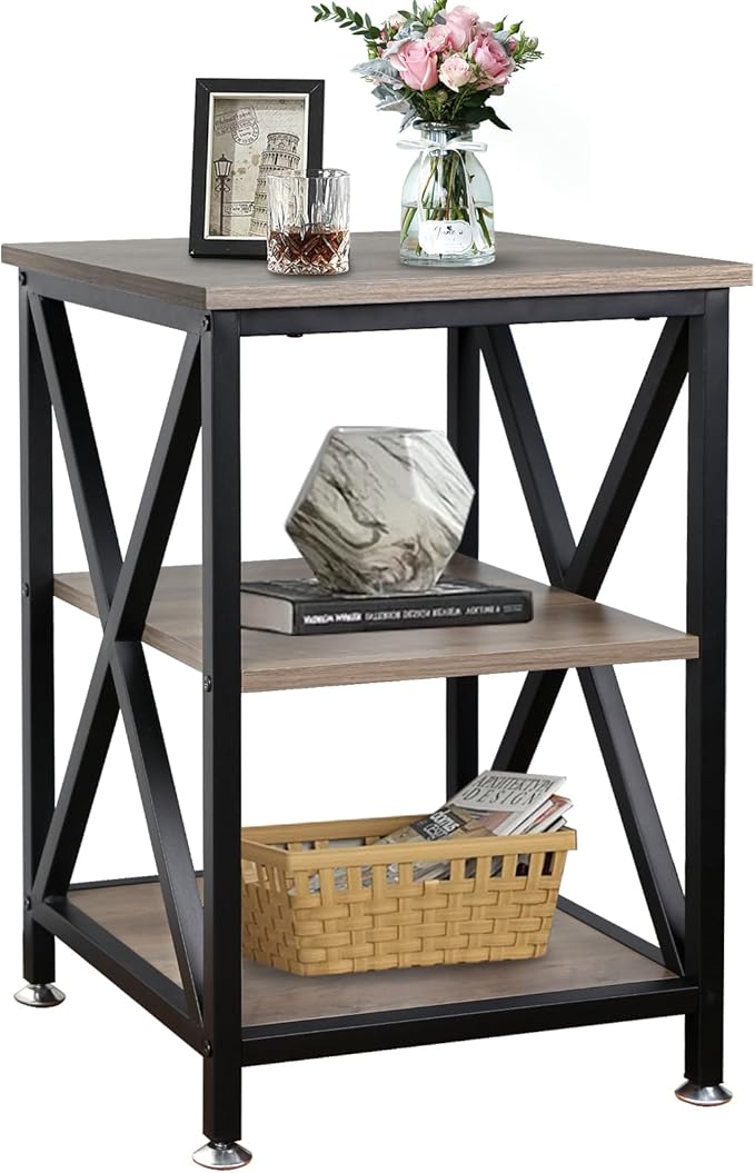 End Tables Living Room, 16" D x 16" W x 24" H, Indoor SideTables Living Room with Storage Shelf, Square End Table, X-Shaped Night Stands for Bedroom, Farmhouse Wood End Tables, Grey