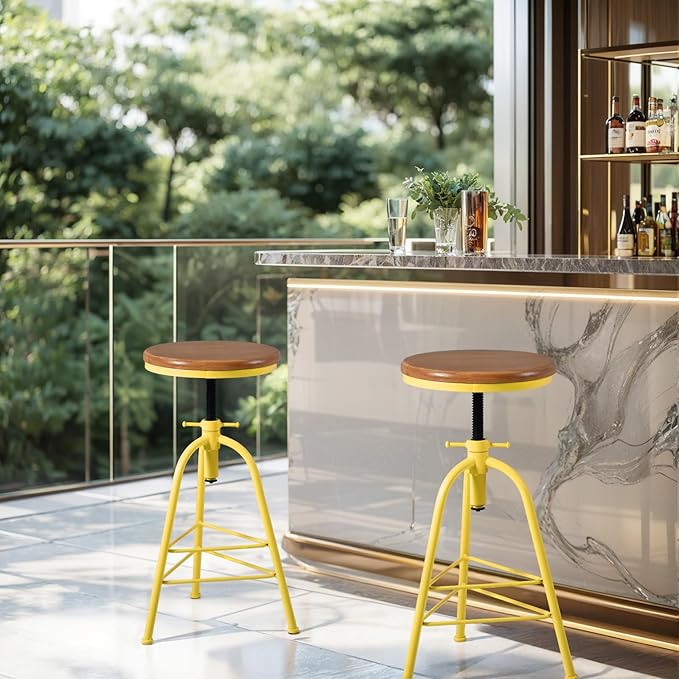 Topower Antique Industrial Design Metal Adjustable Height Bar Stool Kitchen Dining Breakfast Chair Wood Seat Counter Stool Set of 2