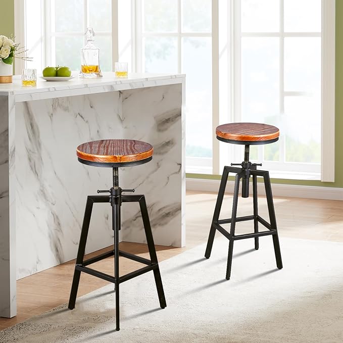 Set of 2 Vintage Bar Stools 25.6-31.5inch Height Adjustable Farmhouse Dinning Stool Swivel Wooden Seat Kitchen Island Counter Chair