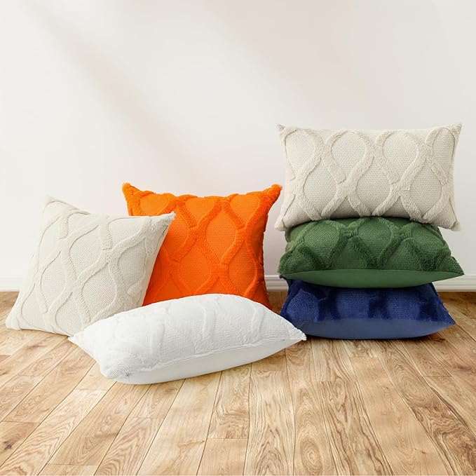 decorUhome Fall Throw Pillow Covers 12x20 Inch Set of 2, Soft Plush Faux Fur Wool Lumbar Orange Couch Pillow Covers, Decorative Neutral Pillow Cases for Bed Sofa Living Room Home Decor