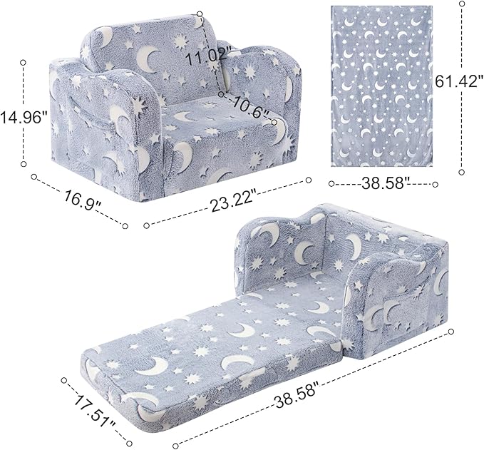 Kids Toddler Chair, 2-in-1 Toddler Couch Fold Out, Convertible Chairs for Toddlers Comfy Sofa to Lounger with Glow in The Dark Feature, Soft for Girls and Boys