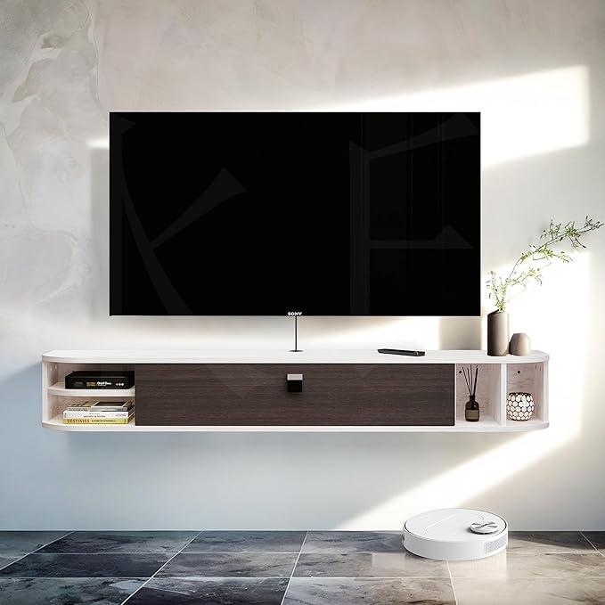 Pmnianhua Floating TV Stand,63'' Under TV Shelf,Modern Floating TV Console,Wall Mounted TV Cabinet,Floating Entertainment Center with Storage for Bedroom Living Room(Gray-White)