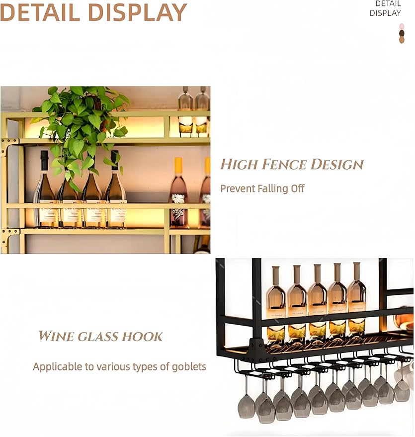 Metal Wall-Mounted Wine Rack with LED Light - 3 Tier Wine Storage Display Rack with Glass Holder - Space-Saving Bottle Display Shelf for Home Bars, Dining Rooms(Gold, 79in/200cm)
