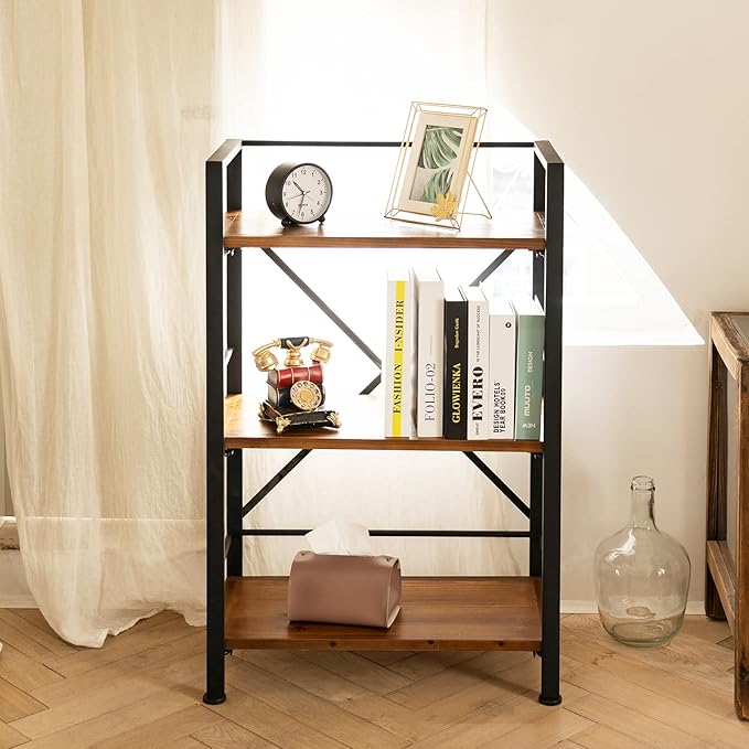 Crofy Rustic Bookshelf, 3 Tier Real Wood Bookshelf, Metal Book Shelf for Storage, Black Bookcase, 12.6" D x 23.62" W x 36.61" H