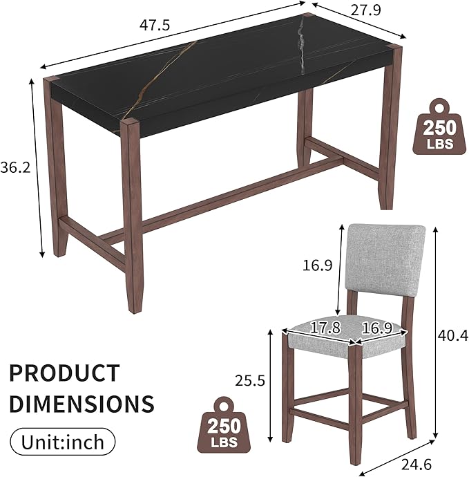 Ball & Cast 5-Piece Dining Table Set for 4,Kitchen Table Set W/Faux Marble Bar Table,Counter Height Living Room Furniture W/ 4 Upholstered Chairs,for Dining Room,Pub Kitchen,Small Place,Black+ Gray