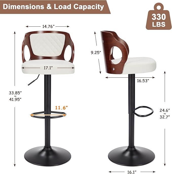 VECELO BarStools Set of 2,Counter Height Stools with Bentwood Back&Arm, Swivel Barstools,PU Leather Kitchen Island Stools, Adjustable Height Bar Chairs for Club Pub Dining Room,Pearl White