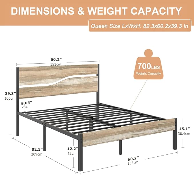 VECELO Queen Size Bed Frame with Wood Headboard and Footboard, 14 Inch Platform/No Box Spring Needed, Heavy Duty Support, Easy Assembly