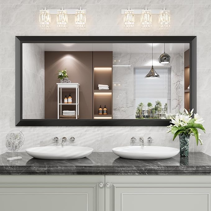 Amorho Black Bathroom Mirror, 60 X30 Inch Thick Metal Framed Wall Mirrors for Over 2 Sinks, Bedroom, Living Room, Entryway, Large Rectangle Wall-Mounted Mirrors.