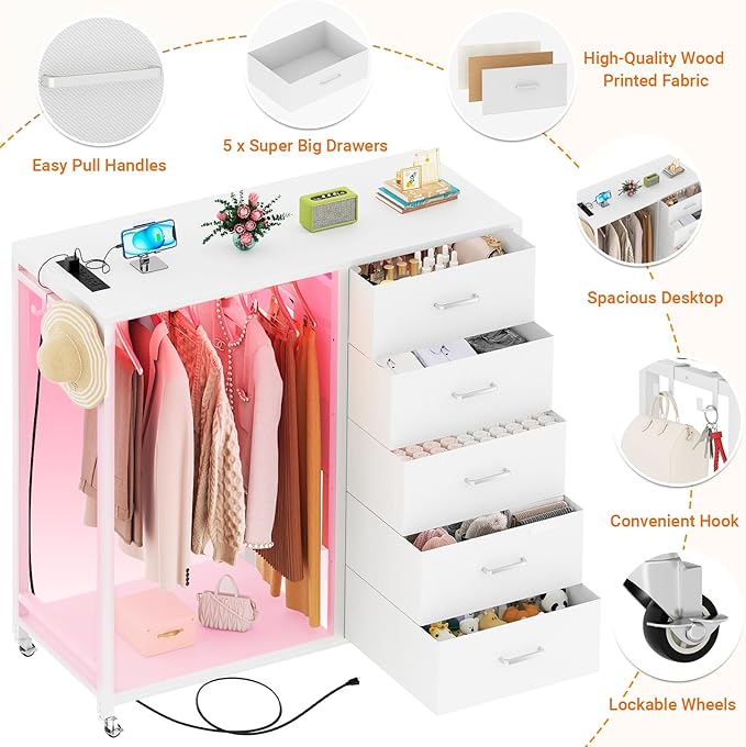 Cyclysio Dresser for Bedroom with Clothes Rack, 5 Fabric Drawers Dresser with Charging Station & LED Lights, White Storage Chest of Drawers with Wheels, Wooden Top, Lockable Wheels, Closet, White