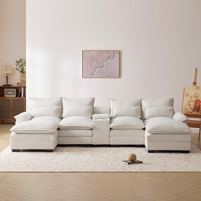 Merax U-Shaped Sectional Sofa with Cupholders, Console and USB Charging Ports, 6-seat Chenille Upholstered Sleeper Couch with Symmetrical Chaise for Living Room, Apartment, 123", White