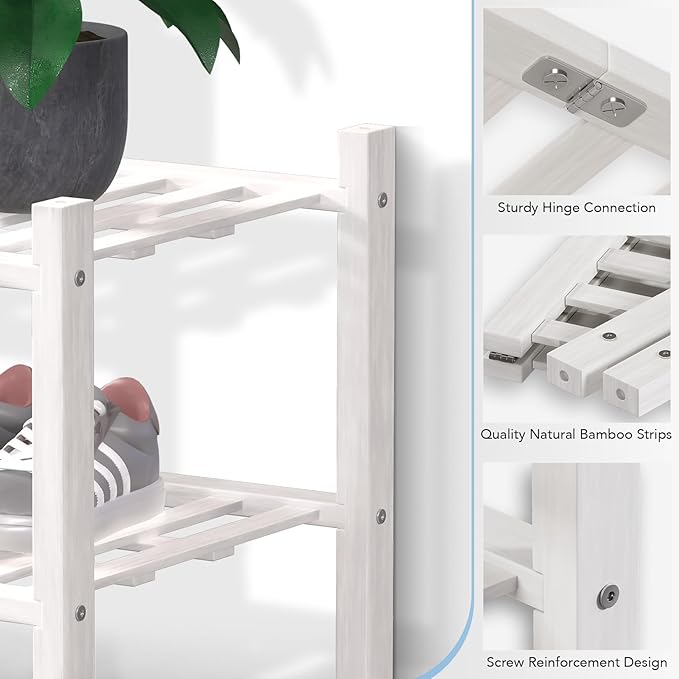 Haddockway 3 Tier Bamboo Shoe Rack Storage Organizer, Multifunctional Free Standing Stackable Shoe Shelf with Grid Panel for Closet,Hallway,Entryway,Small Space 27"x11"x20" (White, 3 Tier)
