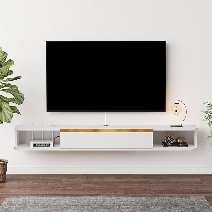 Floating TV Stand, 71'' Wall Mounted Entertainment Center TV Media Console, Floating Shelves with Door, Floating TV Cabinet Large Storage TV Bench for Living Room (White, 70.86IN)