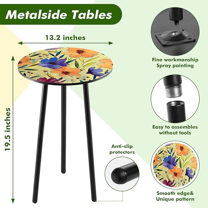2 Packs Metal Floral Round Side Table 13.2" Small Outdoor Patio Round Accent Coffee Tables Indoor Corner Stand for Small Spaces Weather-Resistant for Balcony Plant Stand