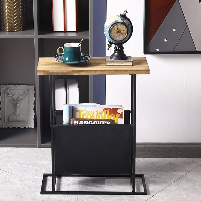 MyGift 21-Inch Modern Narrow Living Room End Table with Solid Burnt Wood Tabletop and Black Metal Frame, Bedroom Nightstand Side Table with Magazine Holder Sling