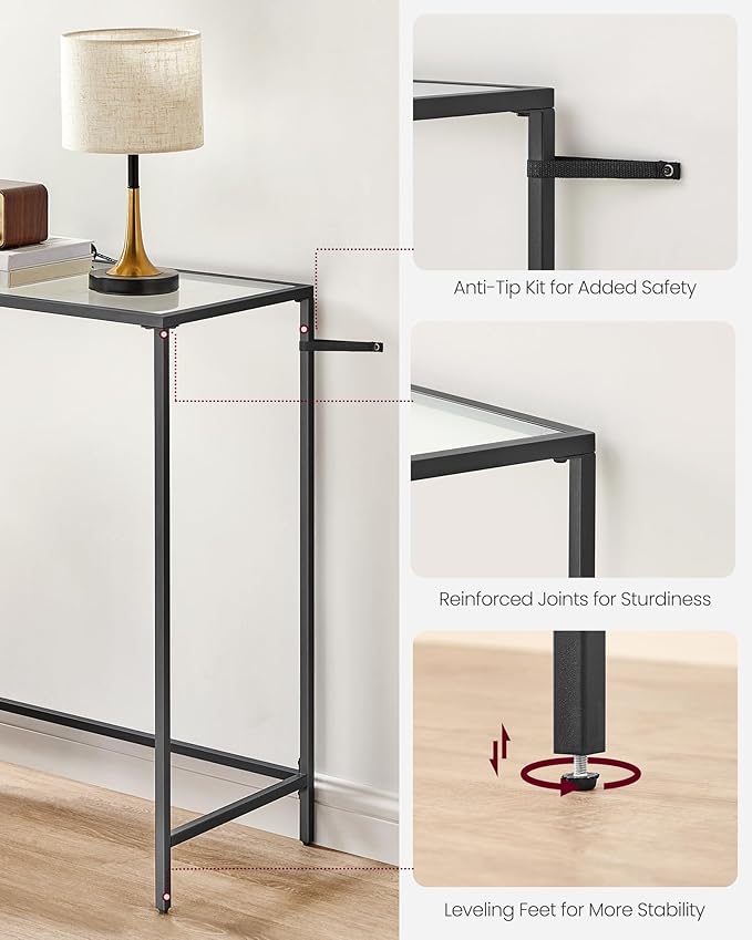 VASAGLE 39.4 Inches Console Table, Tempered Glass Sofa Table, Modern Entryway Table, Metal Frame, Easy to Assemble, Adjustable Feet, for Living Room, Hallway, Black ULGT026B01