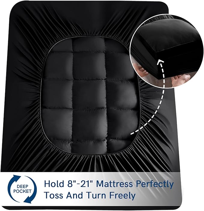 ELEMUSE Queen Black Mattress Topper for Back Pain, Extra Thick Mattress Pad Cover, Plush Soft Pillowtop with Elastic Deep Pocket, Overfilled Down Alternative Filling