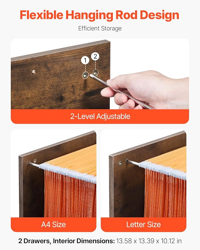 VEVOR 2 Drawer File Cabinet, Vertical Filing Storage Cabinets for Home Office, Heavy-Duty Cabinet with 2-Level Adjustable Hanging Rod, for A4/Letter/Legal Size File, Easy to Assemble (Honey Brown)