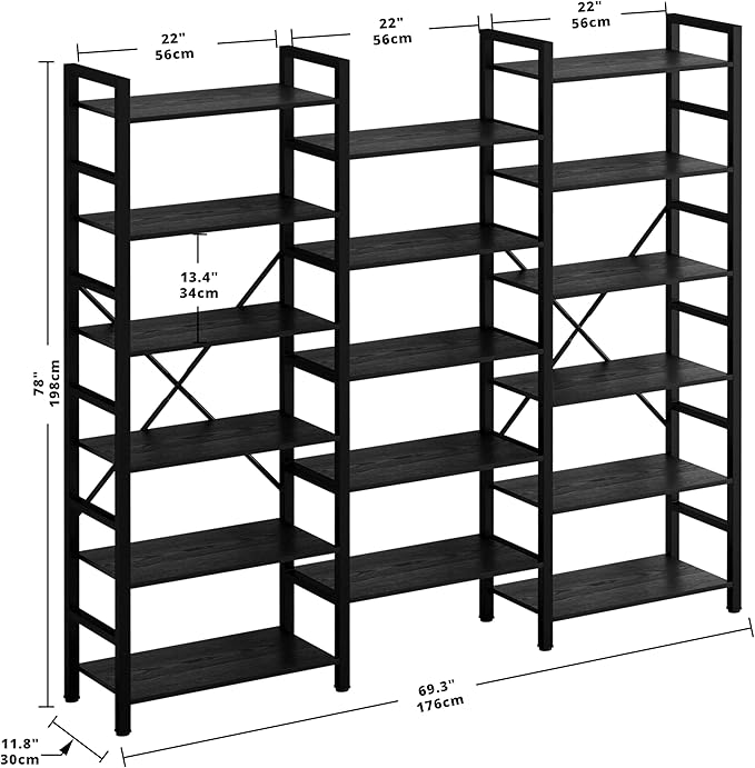 IRONCK Bookshelves 6 Tiers Triple Wide Industrial Bookshelf, Large Etagere Bookshelf Open Display Shelves with Metal Frame for Living Room Bedroom Home Office