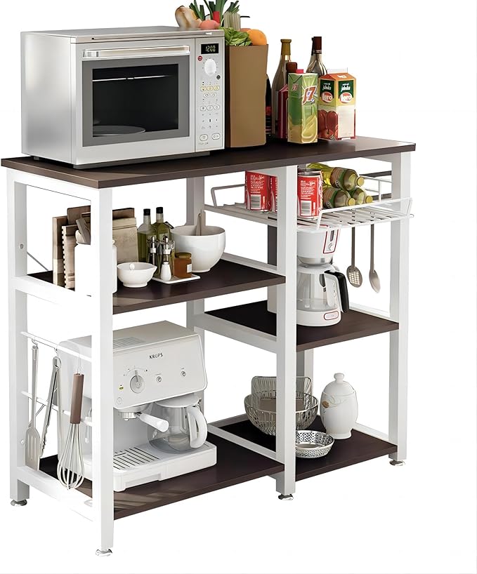 soges 3-Tier Kitchen Baker's Rack, Utility Microwave Oven Stand with Storage, Coffee Bar Station, Workstation Kitchen Shelf Cart, Walnut Black