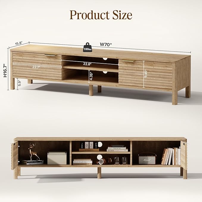 TV Stand for Living Room - up to 80 Inch TVs Mid Century Modern Entertainment Center with Storage and Adjustable Shelves, Media Console Table Oak 70"