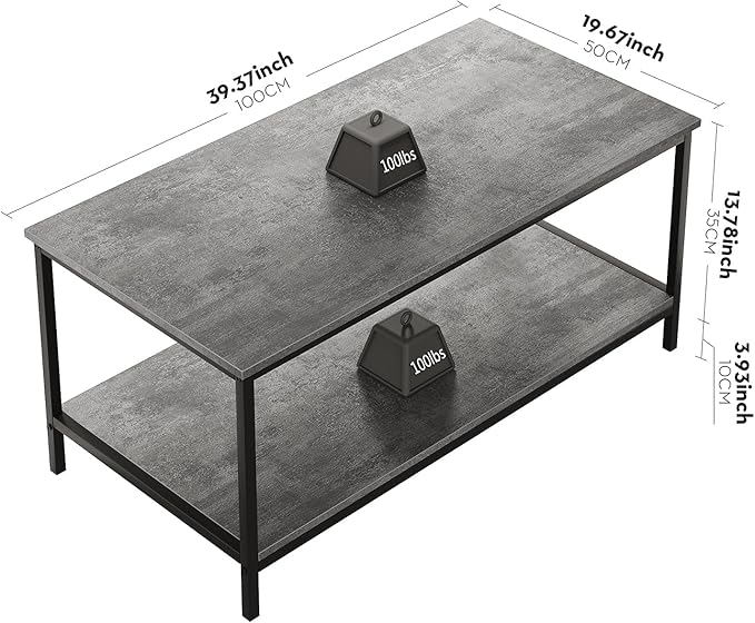 SAYGOER Coffee Table with Storage 2-Tier Industrial Center Table for Living Room, Rectangle Wood Table for Small Spaces Apartment Home Office, Concrete Gray