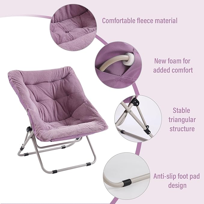 Tiita Comfy Folded Chair, Soft Faux Fur Oversized Folding Accent Chair, Lounge Lazy Chair for Kids Teens Adults, Metal Frame Moon Chair for Bedroom, Living Room, Dorm Rooms