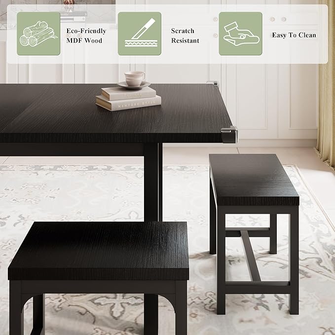 Feonase 7-Piece Dining Table Set for 4-8, 63" Large Extendable Kitchen Table Set with 6 Stools, Modern Dining Room Table with Heavy-Duty Frame, Easy Assembly, Black