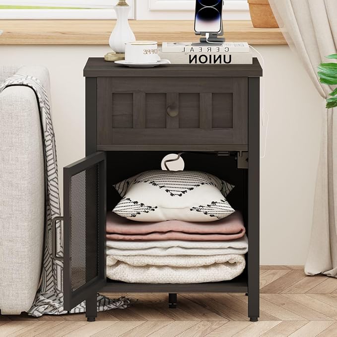 FATORRI End Table with Charging Station, Farmhouse Side Table with Drawer, Rustic Wood and Metal Nightstand and Bedside Tables for Living Room (Walnut Brown)