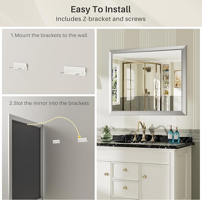 40x38 Inch Silver Bathroom Mirror for Wall, Thick Metal Framed Rectangle Mirrors for Over Sink, Bedroom, Living Room, Entryway, Anti-Rust, HD Tempered Glass